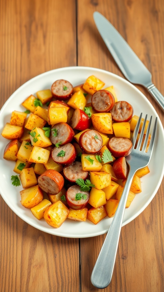Crispy Air Fryer Potatoes and Sausage Recipe Crispy air fryer potatoes and sausage on a plate, garnished with herbs, on a wooden table.